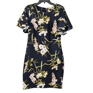 Tommy Hilfiger Blue Floral Print Ruffle-Sleeve Scuba Dress